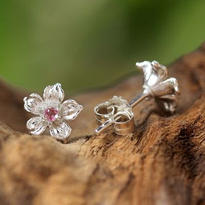 Alternate image for Sterling Silver Pink Tourmaline Floral Stud Earrings Winter Blooms