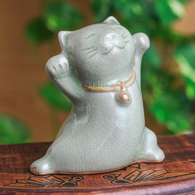 Alternate image for Cat Shaped Celadon Ceramic Figurine Handmade in Thailand Lucky and Playful