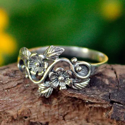 Alternate image for Flower and Leaf Sterling Silver Band Ring from Thailand Siam Bouquet