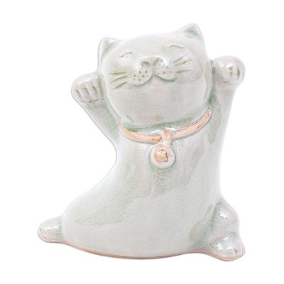 Alternate image for Cat Shaped Celadon Ceramic Figurine Handmade in Thailand Lucky and Playful