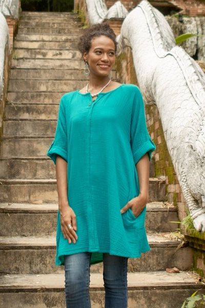 Alternate image for Artisan Crafted Cotton Tunic Fresh Breeze in Sea Green