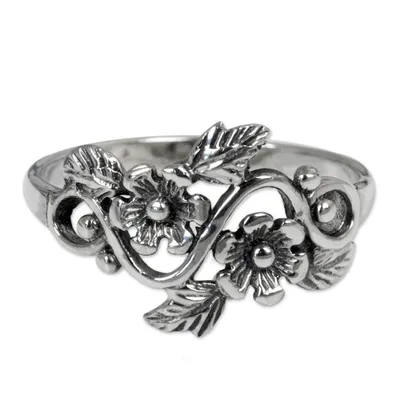 Alternate image for Flower and Leaf Sterling Silver Band Ring from Thailand Siam Bouquet