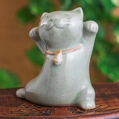 Alternate image for Cat Shaped Celadon Ceramic Figurine Handmade in Thailand Lucky and Playful