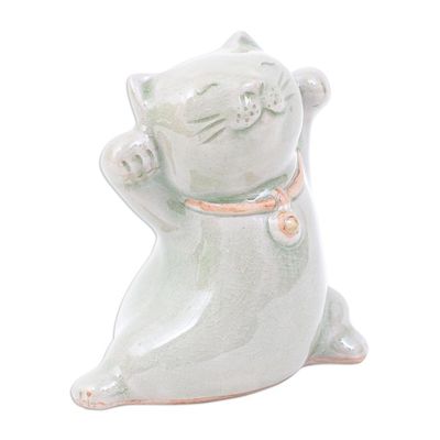 Alternate image for Cat Shaped Celadon Ceramic Figurine Handmade in Thailand Lucky and Playful