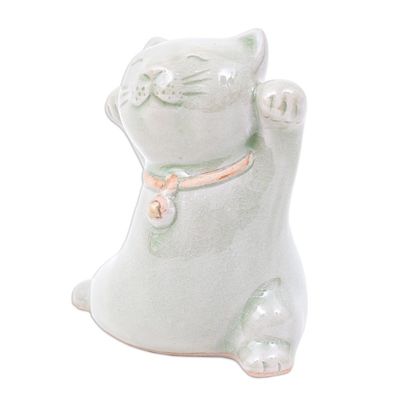 Alternate image for Cat Shaped Celadon Ceramic Figurine Handmade in Thailand Lucky and Playful