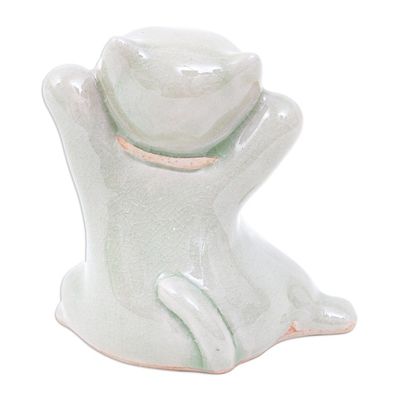 Alternate image for Cat Shaped Celadon Ceramic Figurine Handmade in Thailand Lucky and Playful