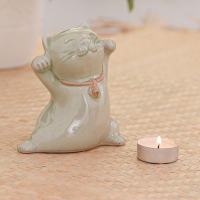 Alternate image for Cat Shaped Celadon Ceramic Figurine Handmade in Thailand Lucky and Playful