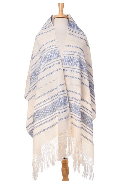 Alternate image for Hand Woven All Cotton Rebozo in Blue and Off-White Oaxacan Rhythm in Sapphire