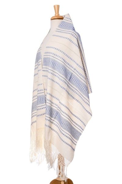 Alternate image for Hand Woven All Cotton Rebozo in Blue and Off-White Oaxacan Rhythm in Sapphire
