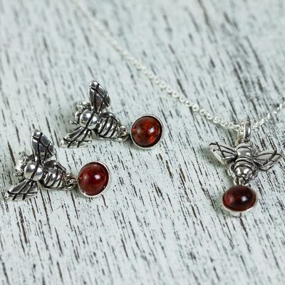 Alternate image for Amber and Sterling Silver Necklace and Earrings With Bees Delivering Honey