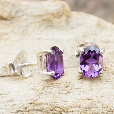 Alternate image for Amethyst Stud Earrings Sterling Silver Thai Jewelry Sparkling
