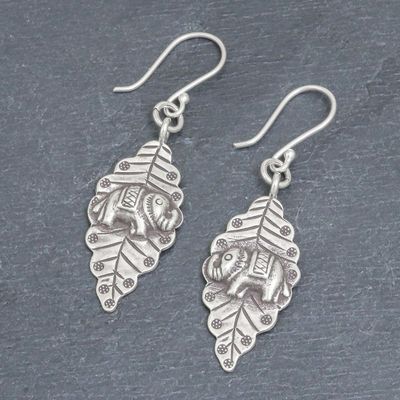 Alternate image for Oxidized Sterling Silver Leaf and Elephant Dangle Earrings Elephant Nature