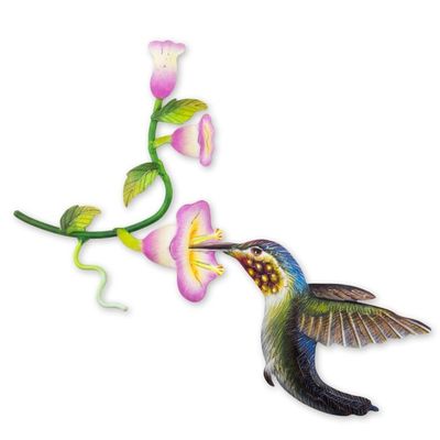 Alternate image for Handcrafted Bird Metal Art for the Wall Hummingbird and Hollyhocks