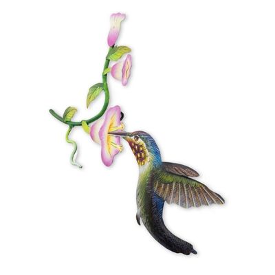 Alternate image for Handcrafted Bird Metal Art for the Wall Hummingbird and Hollyhocks