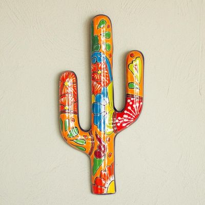 Alternate image for Hand-Painted Cactus Talavera-Style Ceramic Wall Sculpture Talavera Saguaro