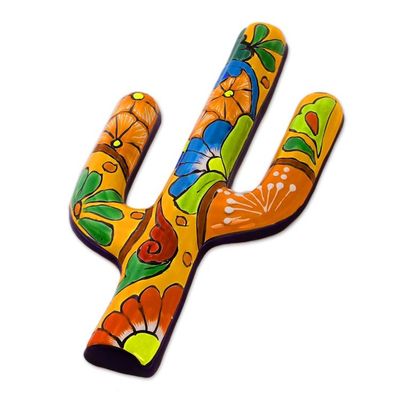 Alternate image for Hand-Painted Cactus Talavera-Style Ceramic Wall Sculpture Talavera Saguaro
