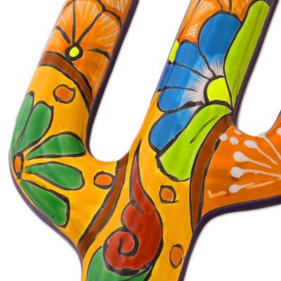 Alternate image for Hand-Painted Cactus Talavera-Style Ceramic Wall Sculpture Talavera Saguaro