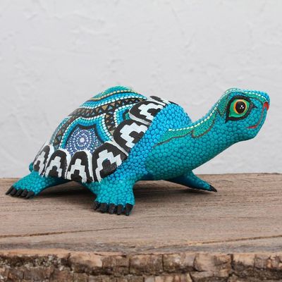 Alternate image for Wood Alebrije Tortoise Sculpture in Blue from Mexico Blue Tortoise