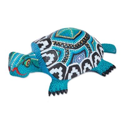 Alternate image for Wood Alebrije Tortoise Sculpture in Blue from Mexico Blue Tortoise