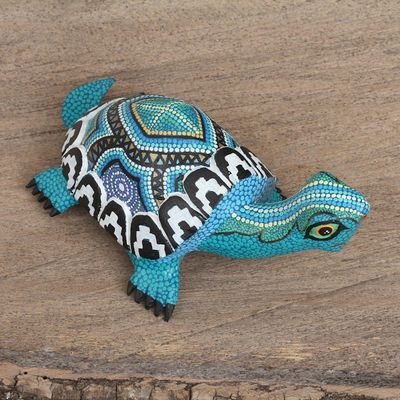 Alternate image for Wood Alebrije Tortoise Sculpture in Blue from Mexico Blue Tortoise