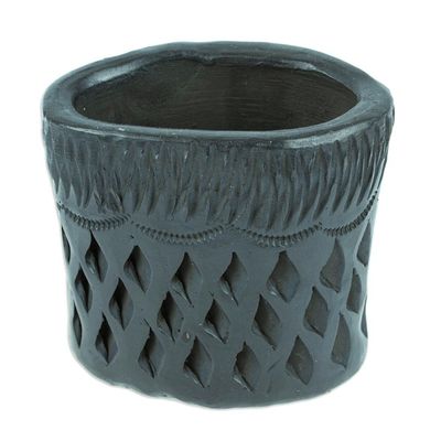 Alternate image for Barro Negro Black Ceramic Mini Flower Pot Handmade in Mexico Oval Diamonds