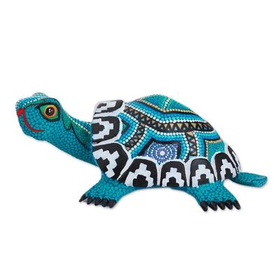 Alternate image for Wood Alebrije Tortoise Sculpture in Blue from Mexico Blue Tortoise
