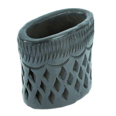 Alternate image for Barro Negro Black Ceramic Mini Flower Pot Handmade in Mexico Oval Diamonds