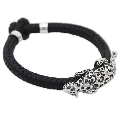 Alternate image for Hand Made Leather Sterling Silver Braided Bracelet Mexico Life of the Jaguar