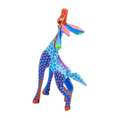 Alternate image for Wood Giraffe Alebrije Hand Painted in Blue and Ochre Stargazing Giraffe in Blue