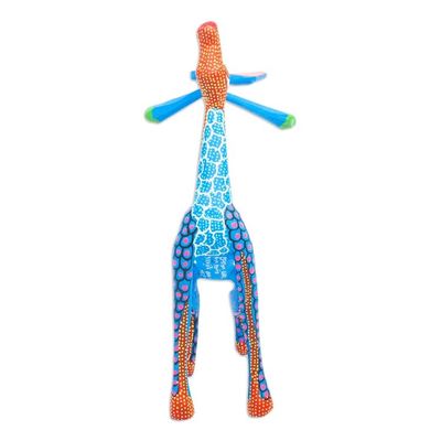 Alternate image for Wood Giraffe Alebrije Hand Painted in Blue and Ochre Stargazing Giraffe in Blue
