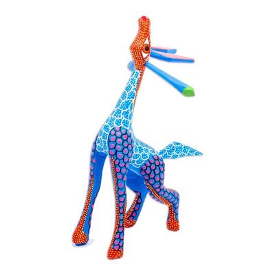 Alternate image for Wood Giraffe Alebrije Hand Painted in Blue and Ochre Stargazing Giraffe in Blue
