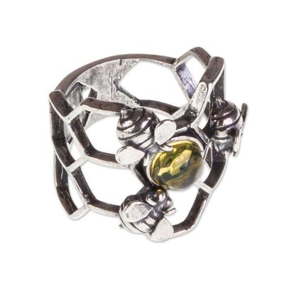 Alternate image for Amber and Sterling Silver Bee Cocktail Ring from Mexico Glowing Honey