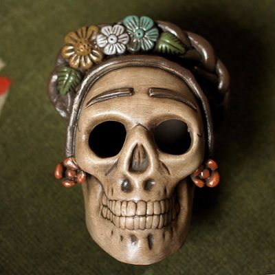 Alternate image for Handcrafted Ceramic Skull Figurine Honoring Frida Kahlo Honoring Frida