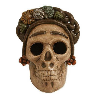 Alternate image for Handcrafted Ceramic Skull Figurine Honoring Frida Kahlo Honoring Frida