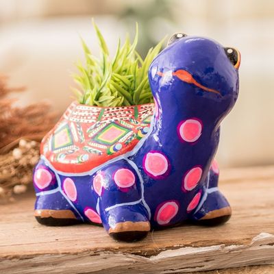 Alternate image for Hand-Painted Blue Ceramic Turtle Flower Pot from Guatemala Herbaceous Turtle