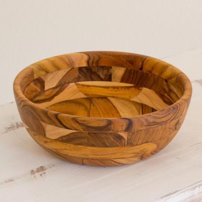 Alternate image for Guatemalan Teak Wood Artisan Handmade 10-inch Bowl Forest Mosaic