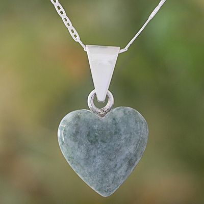 Alternate image for Light Green Jade Silver Heart Pendant Necklace Guatemala Mayan Heart in Light Green
