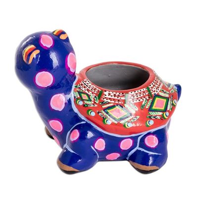 Alternate image for Hand-Painted Blue Ceramic Turtle Flower Pot from Guatemala Herbaceous Turtle