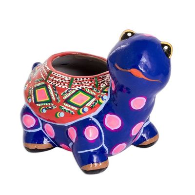 Alternate image for Hand-Painted Blue Ceramic Turtle Flower Pot from Guatemala Herbaceous Turtle