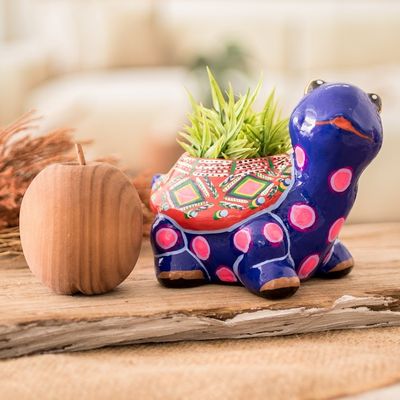 Alternate image for Hand-Painted Blue Ceramic Turtle Flower Pot from Guatemala Herbaceous Turtle