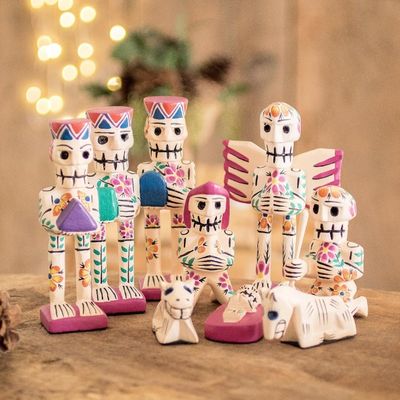 Alternate image for Rustic Style Pinewood Hand Crafted Nativity Scene Set of 9 Holy Skeletal Night