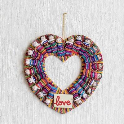 Alternate image for Hand-Loomed Cotton Worry Doll Heart Wreath From Guatemala Amor