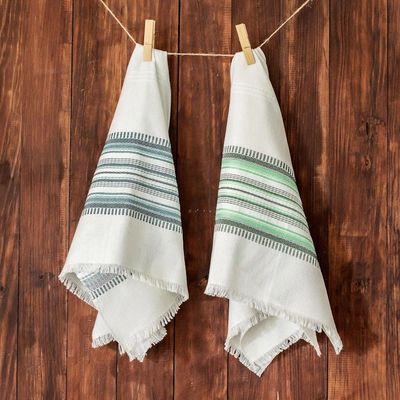 Alternate image for Two Handwoven Guatemalan White and Green Cotton Dish Towels Forest Colors