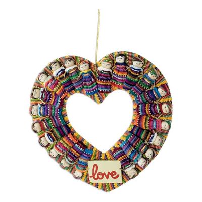 Alternate image for Hand-Loomed Cotton Worry Doll Heart Wreath From Guatemala Amor