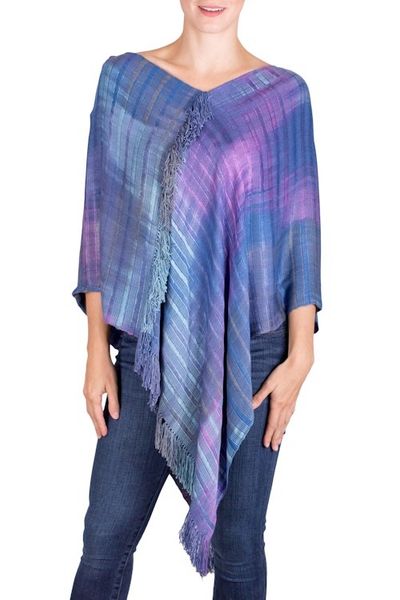 Alternate image for Blue and Purple Rayon Poncho from Guatemala Beautiful Horizon