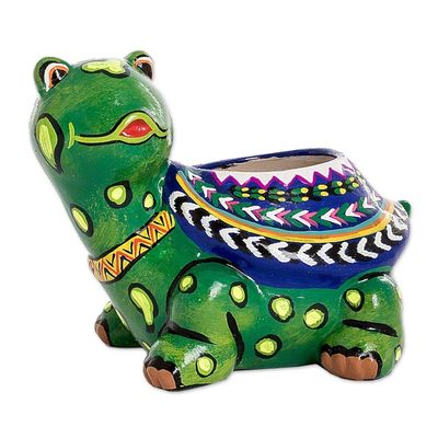 Alternate image for Hand-Painted Small Turtle Ceramic Flower Pot from Guatemala Mountain Turtle