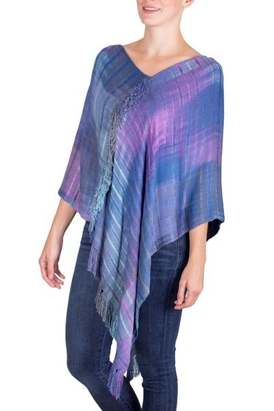 Alternate image for Blue and Purple Rayon Poncho from Guatemala Beautiful Horizon
