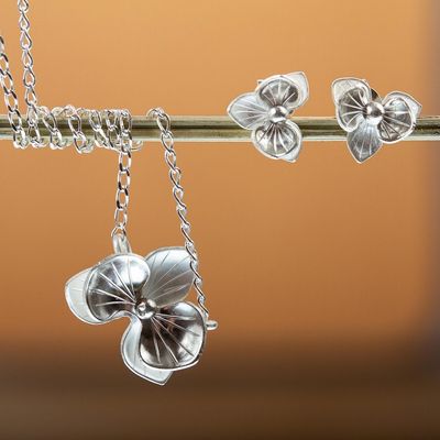 Alternate image for Orchid-Themed Polished Handcrafted Silver Jewelry Set Blooming Orchid