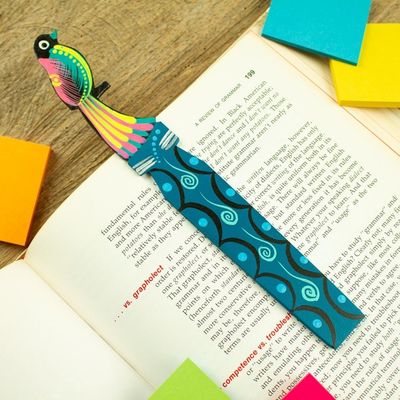 Alternate image for Handmade Mexican Copal Wood Bookmark with Tropical Bird Reading Bird