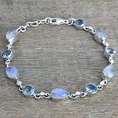 Alternate image for Blue Topaz and Rainbow Moonstone Gemstone Station Bracelet Misty Sky